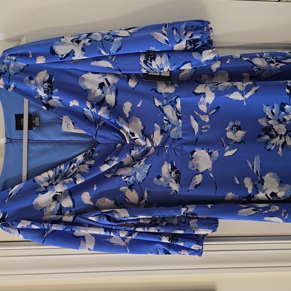 JH BRAND BRAND WOMEN'S PLUS SIZE BLUE & WHITE FLORAL LONG SLEEVES DRESS SIZE 16